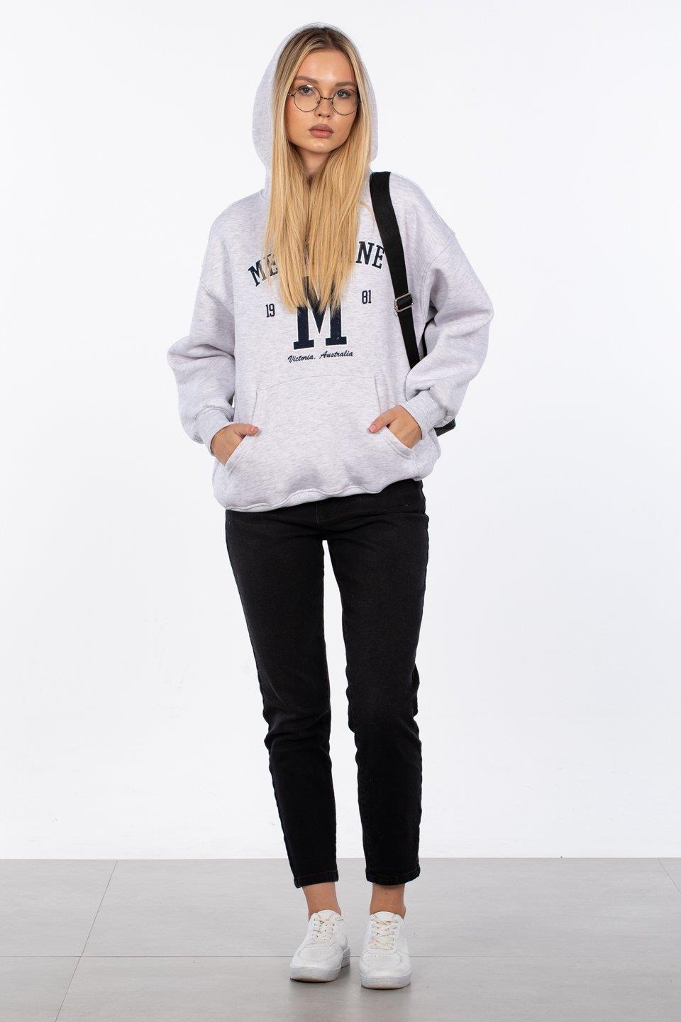 Kanguru cepli Melbourne baskılı sweatshirt-DVN0824 - Kar Melanj
