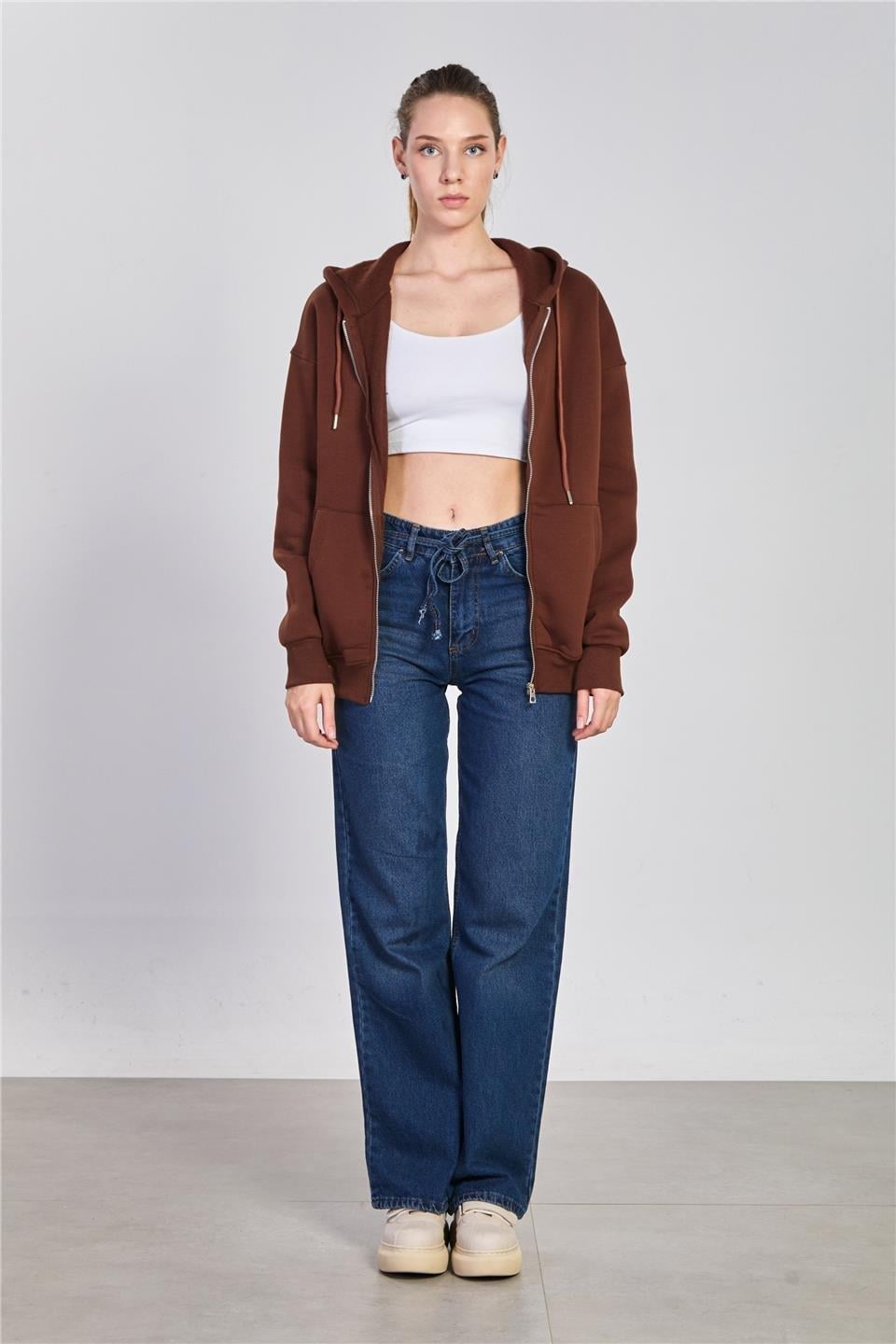 Kapüşonlu fermuarlı sweatshirt-DVN0032 - Kahve