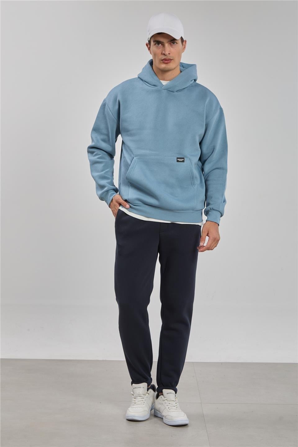 Kapüşonlu kanguru cepli sweatshrt-5281 - S.Blue