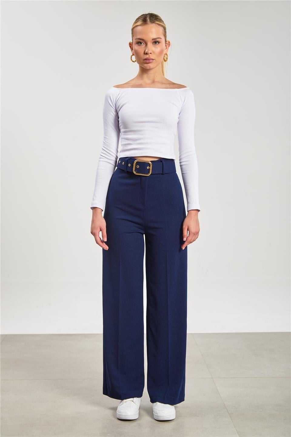 Kemerli bol paça kumaş pantolon-5059 - Lacivert