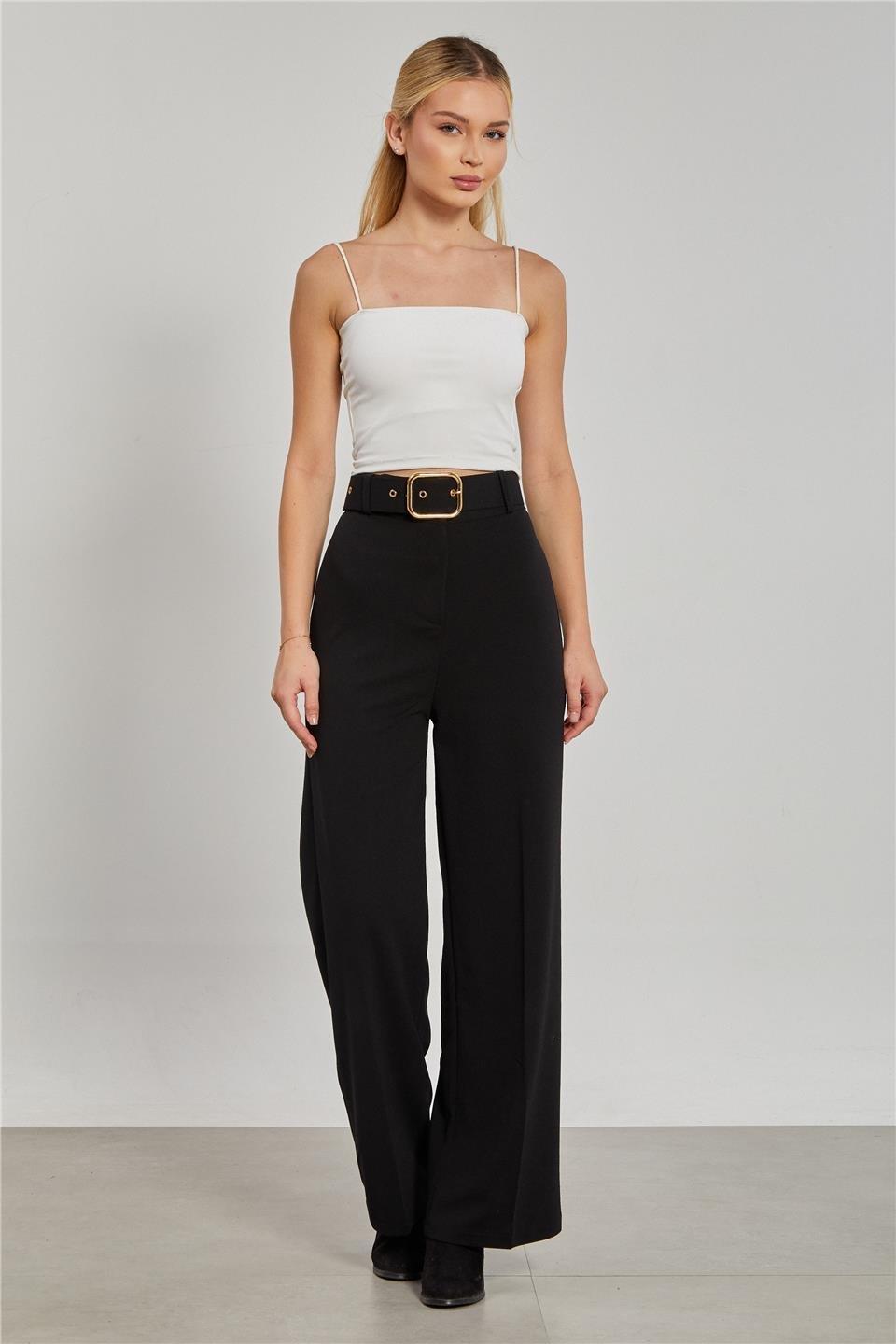 Kemerli bol paça kumaş pantolon-5059 - Siyah