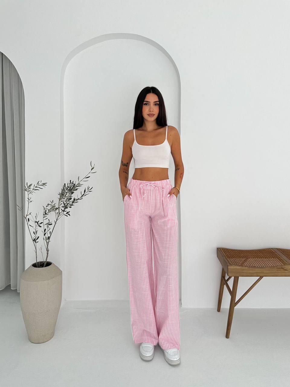 KETEN ÇİZGİLİ BOLPAÇA PANTOLON-2092 - PEMBE