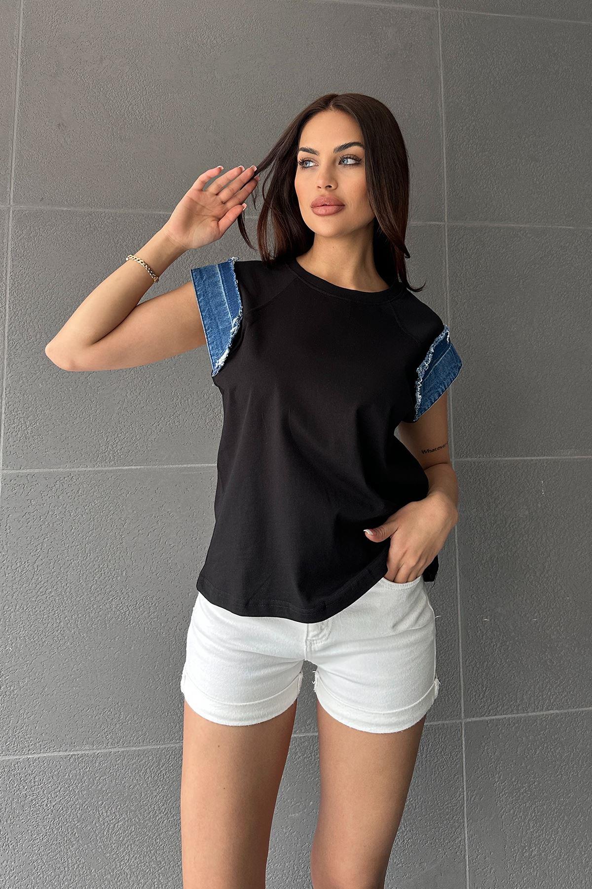 KOLLARI KOT İŞLEMELİ BLUZ-24013 - SİYAH