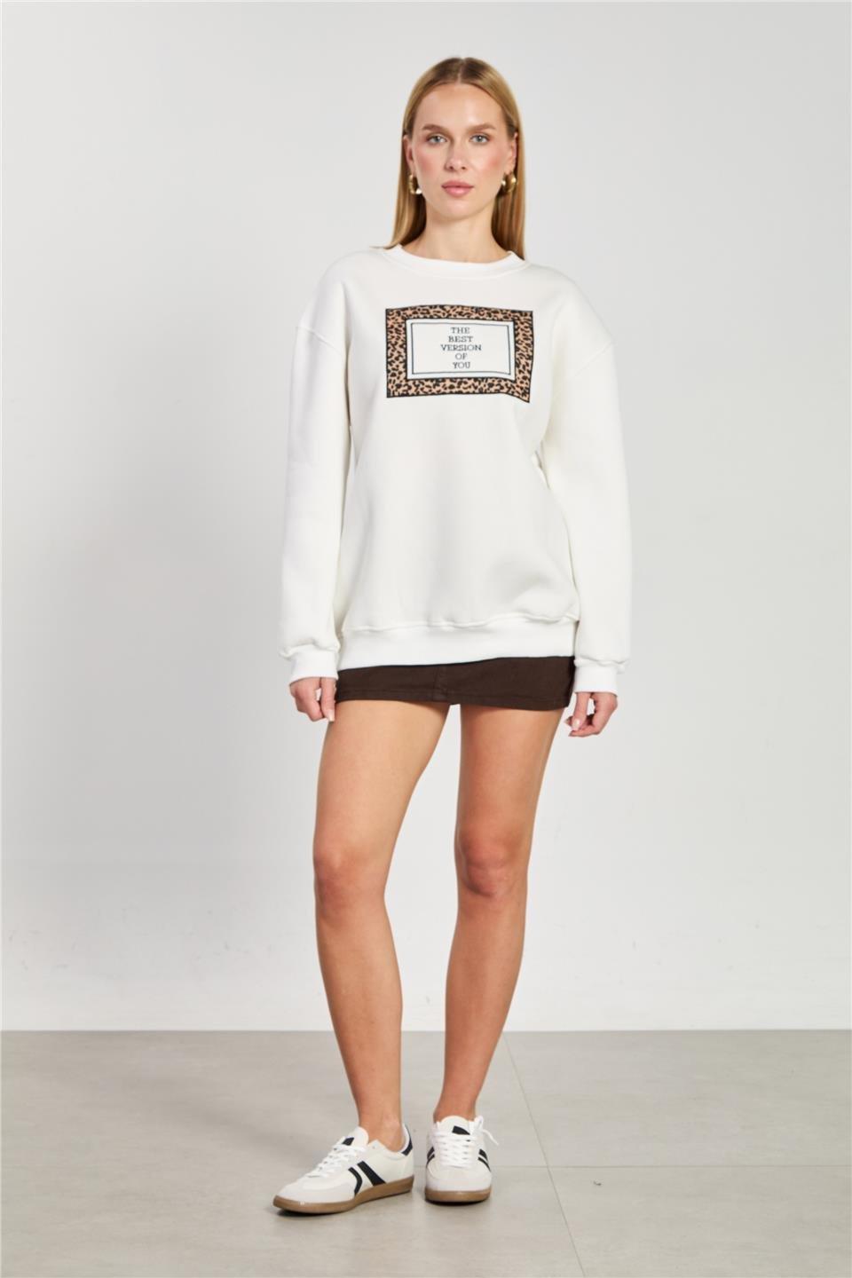 Leopar detay baskılı sweatshirt-10913 - Ekru