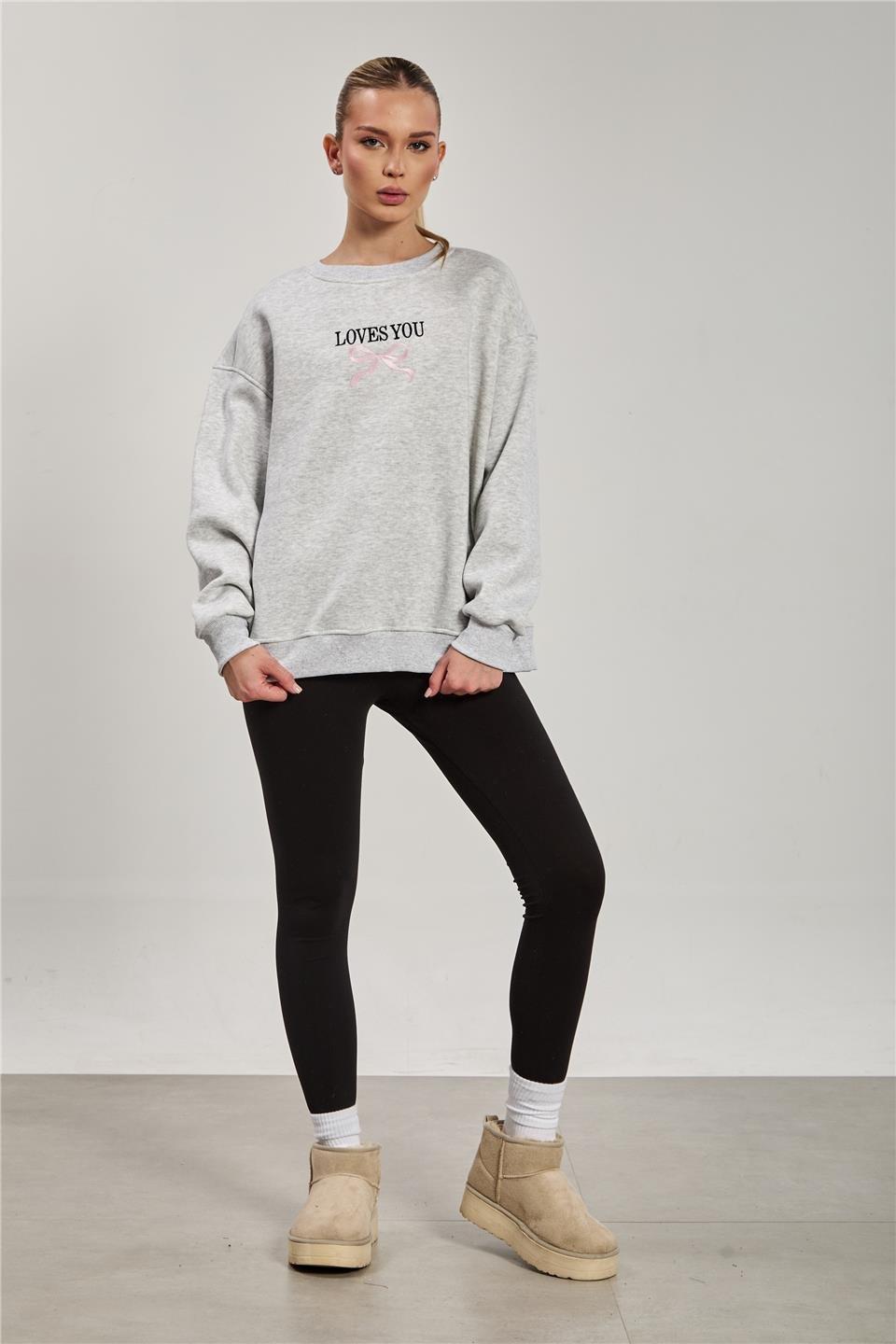 Love you baskılı sweatshirt-10485 - Kar Melanj
