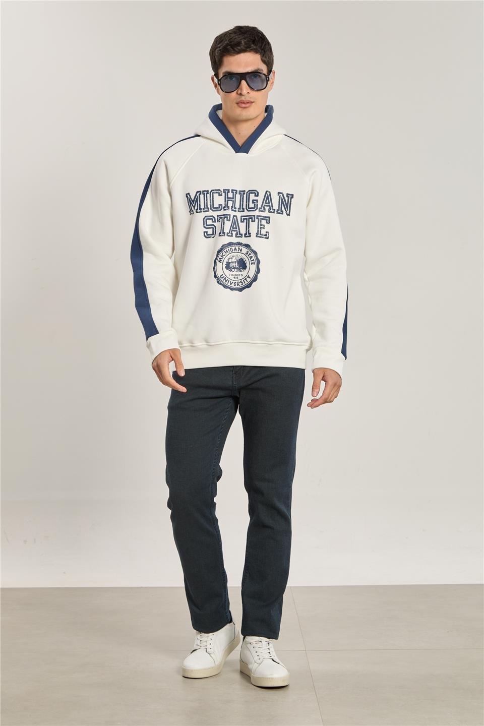 Michigan baskılı kapüşonlu sweatshırt-1156 - Ekru/Lacivert