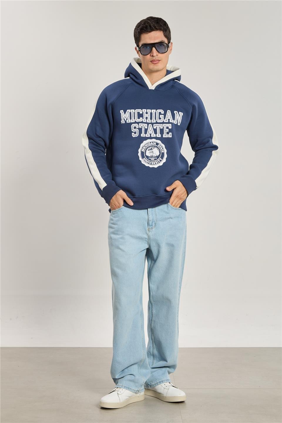 Michigan baskılı kapüşonlu sweatshırt-1156 - Lacivert/Ekru