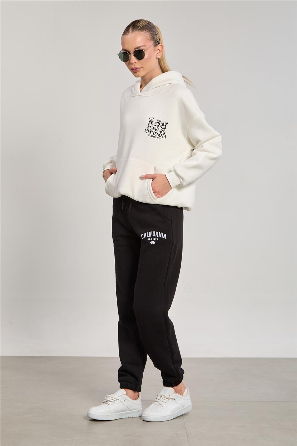 Ön ve arkası ayı baskılı kapüşonlu sweatshirt-DVN1253 - Ekru