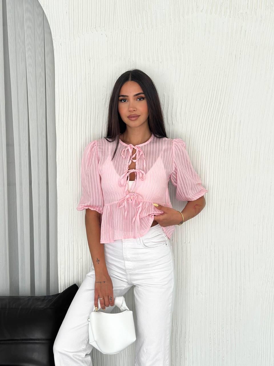 ÖNÜ BAĞCIKLI KALVİN BLUZ-2045 - PEMBE