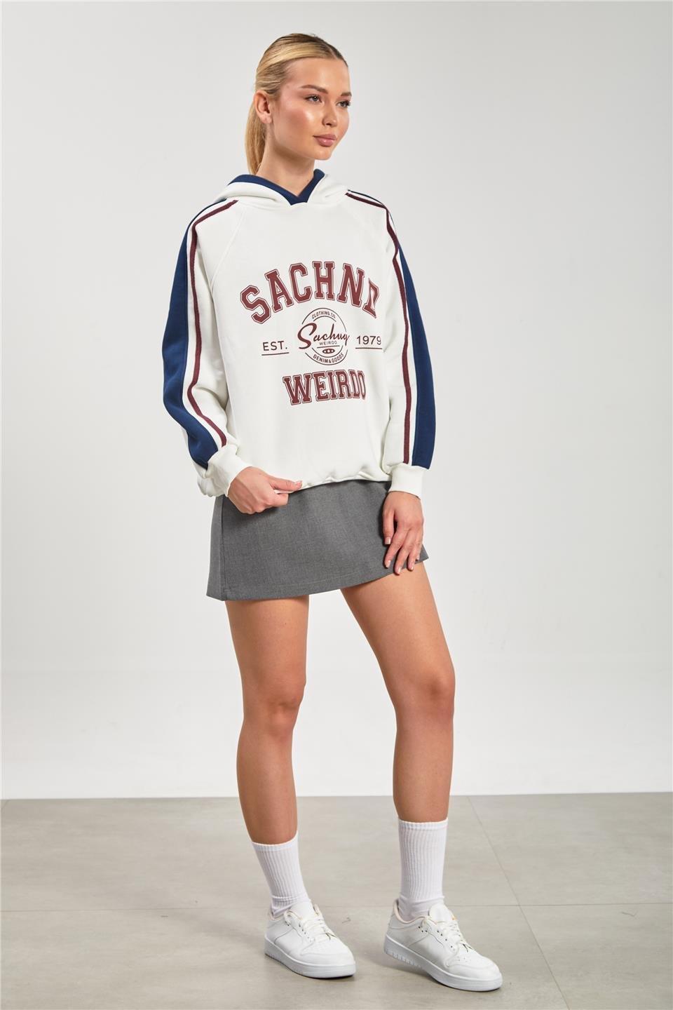 Önü baskılı kolları biyeli kapüşonlu sweatshirt-DVN1249 - Ekru