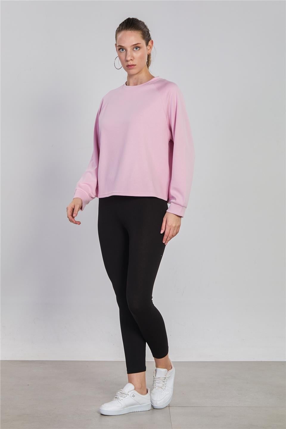 Reglon kol bisiklet yaka sweatshirt-5586 - Açık Pembe