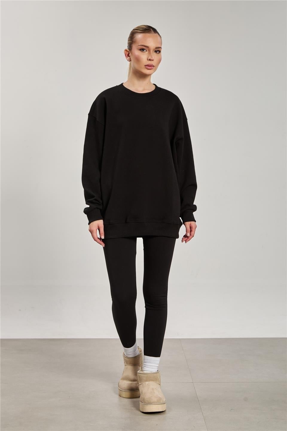 Ribanalı bisiklet yaka oversize sweatshirt-10729 - Siyah