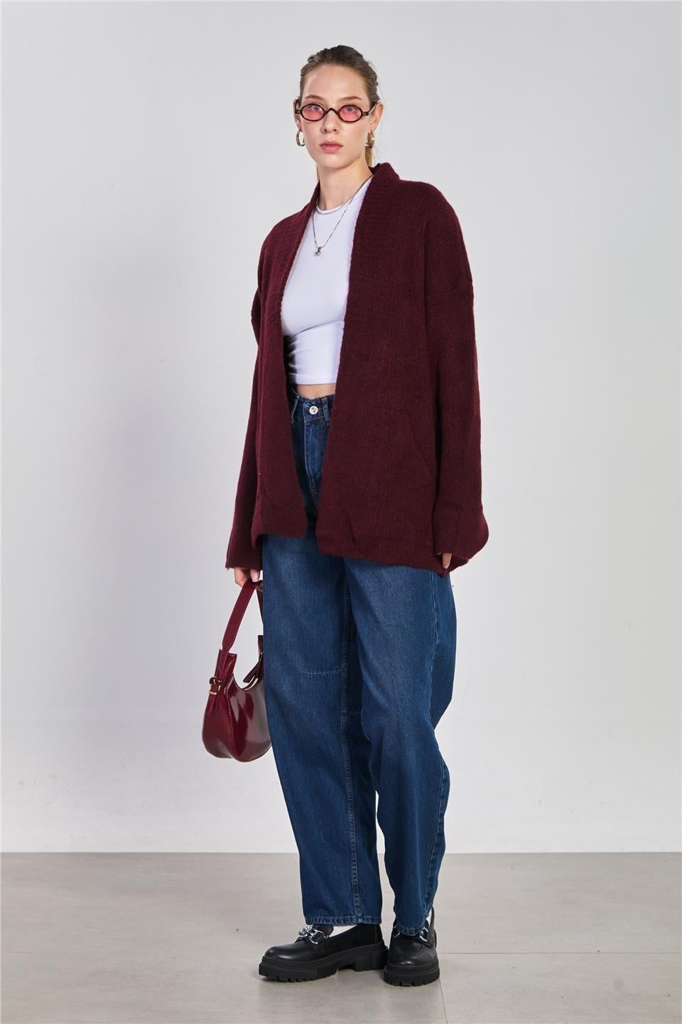 Şal yaka cepli triko hırka-H100082 - Bordo