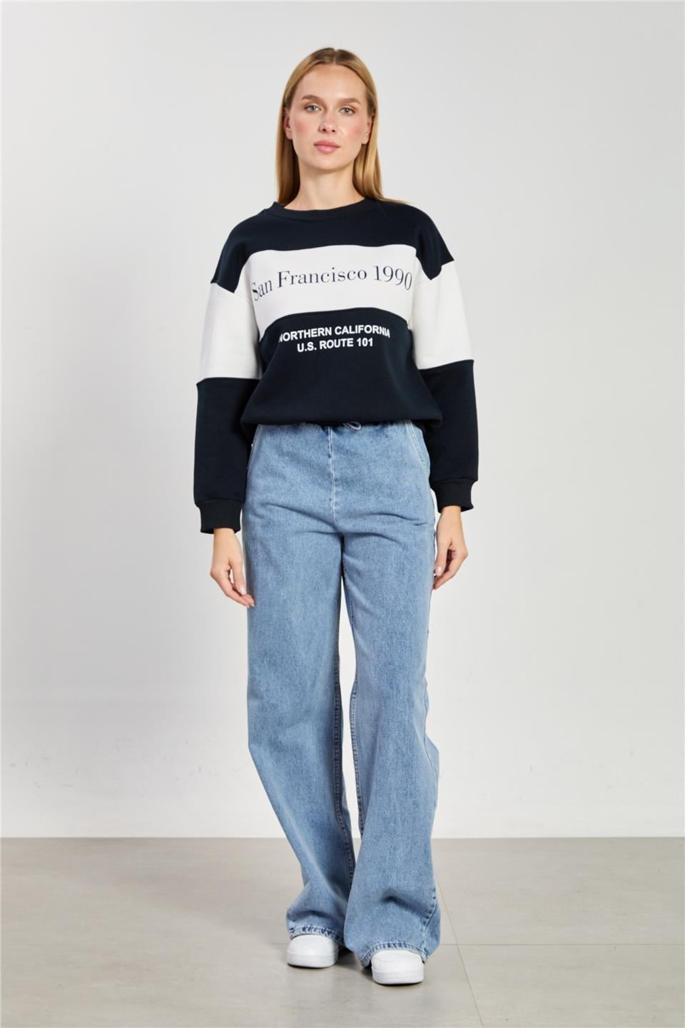 San Francisco yazılı garnili sweatshirt-83-241 - Lacivert/Ekru