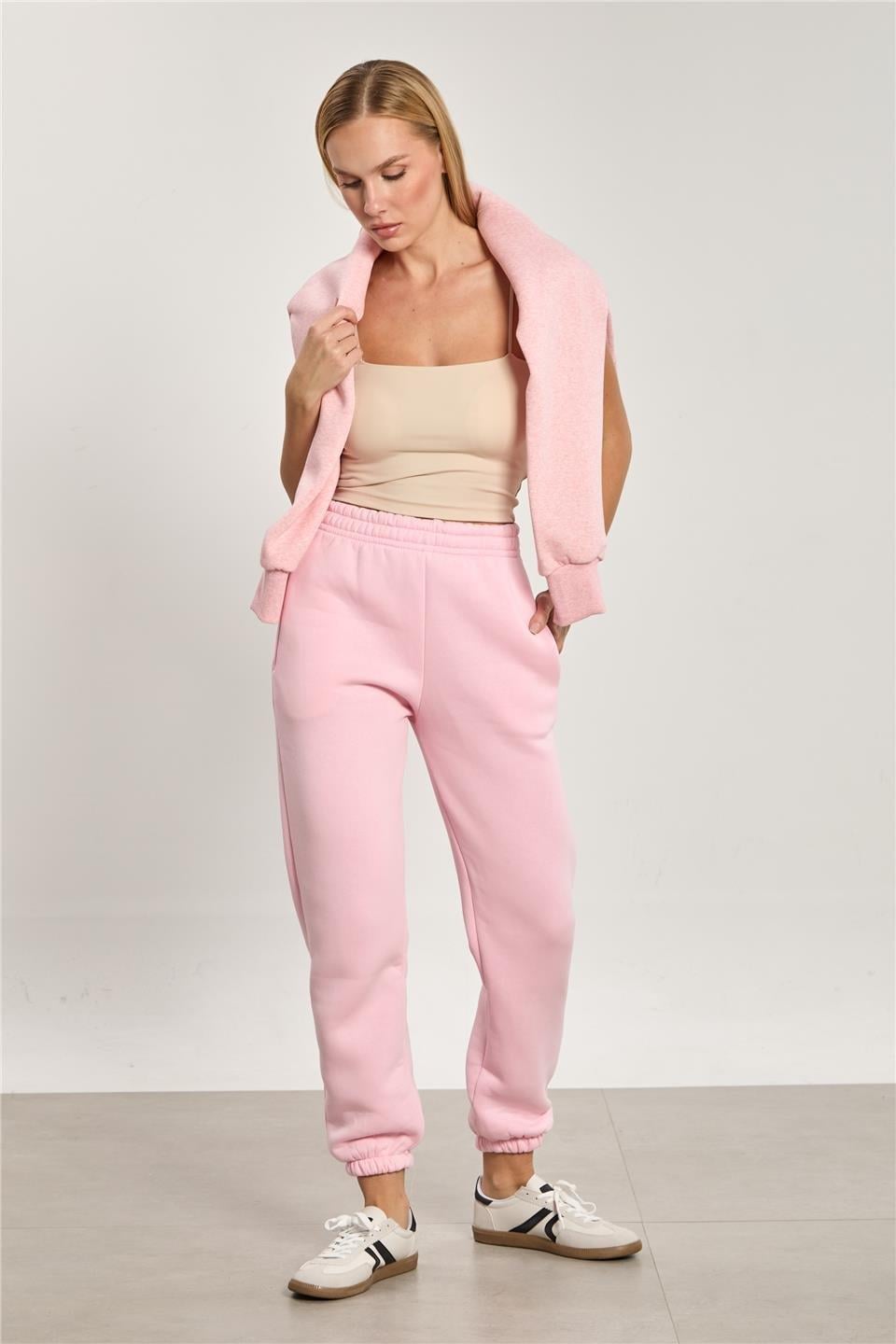 Şardonlu paçası lastikli eşofman altı-DVN0063 - Pembe