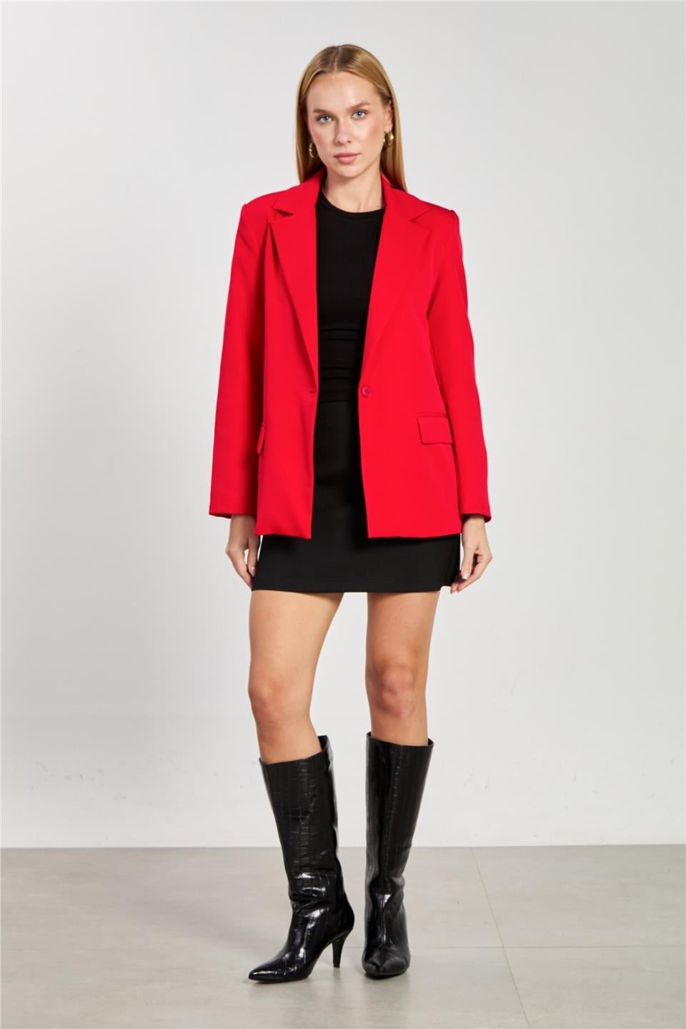 Tek düğmeli blazer ceket-2787 - Kırmızı