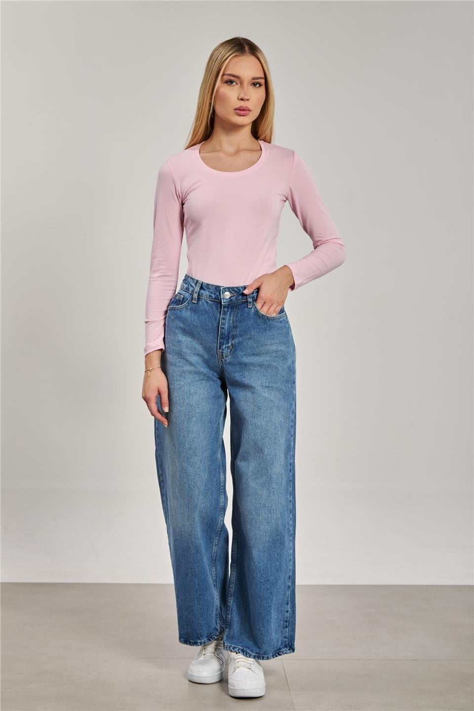 U yaka uzun kol body-K652 - Pembe