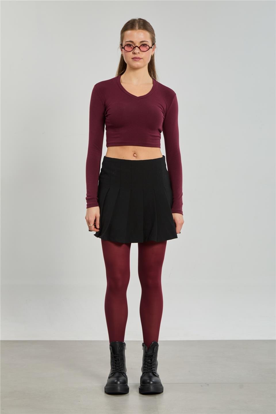V yaka uzun kol body-4455 - Bordo