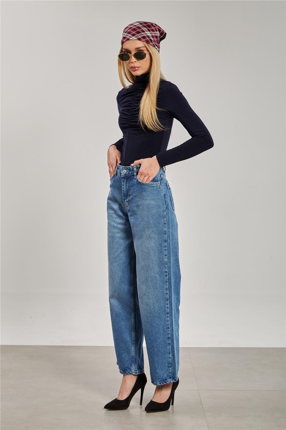 Wide leg jean pantolon-3530 - Açık Mavi