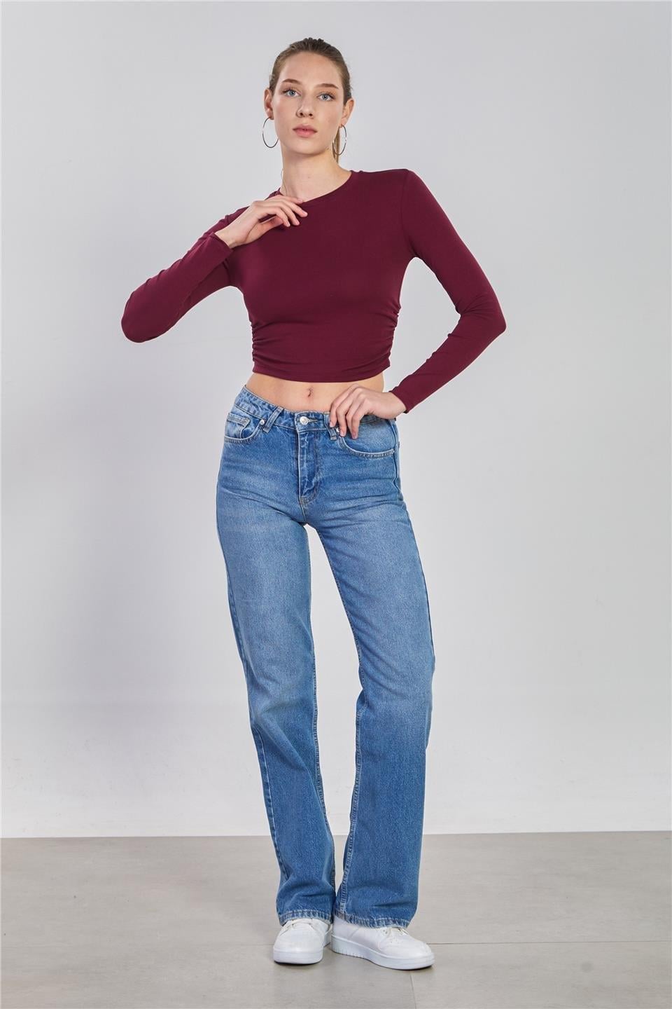 Yanı büzgülü uzun kol body-4164 - Bordo