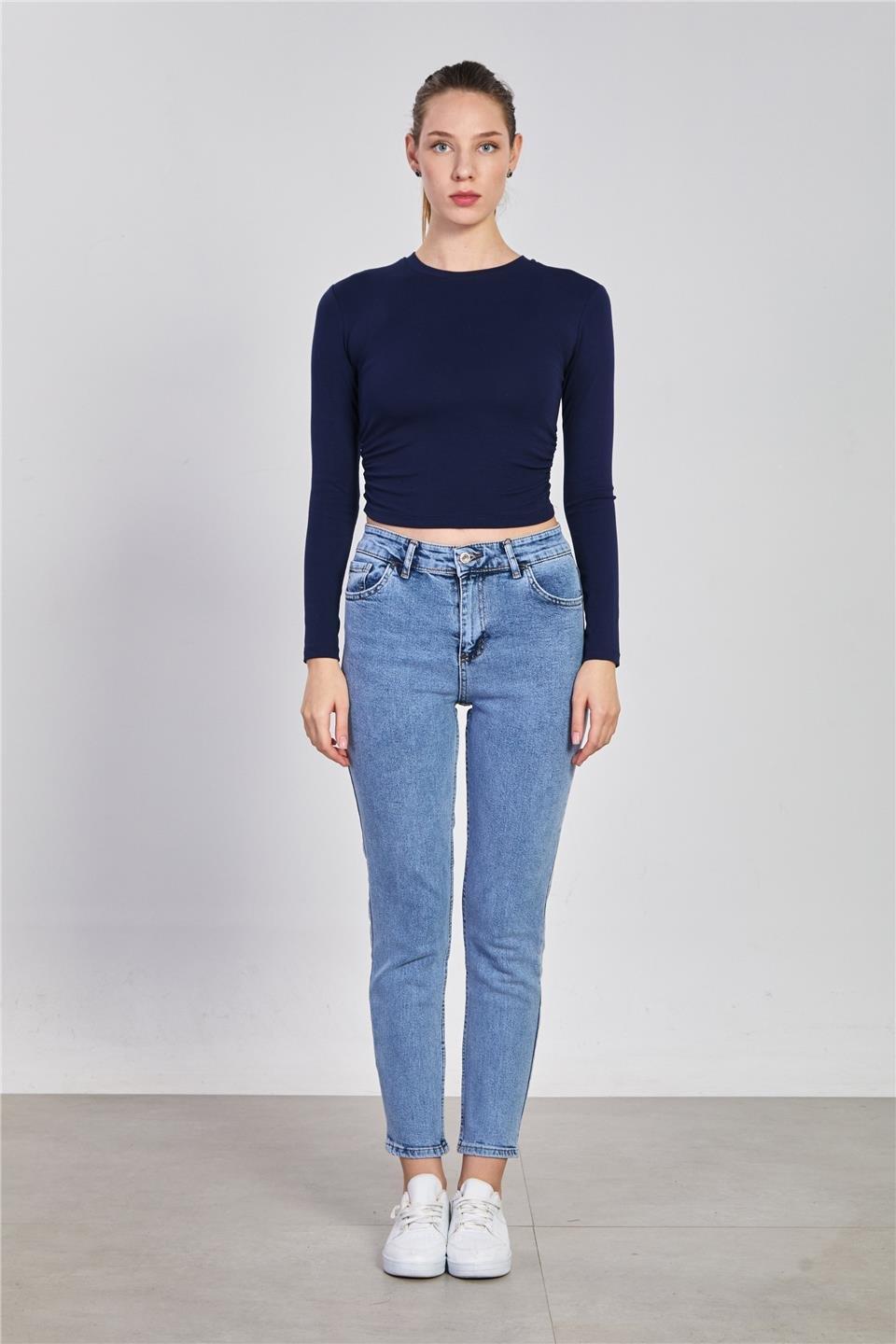 Yanı büzgülü uzun kol body-4164 - Lacivert