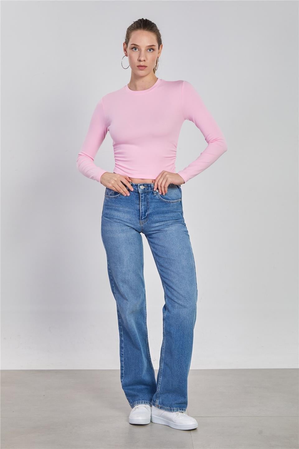 Yanı büzgülü uzun kol body-4164 - Pembe
