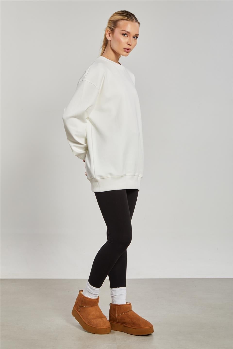 Yanı yırtmaçlı tunik sweat-6405 - Ekru