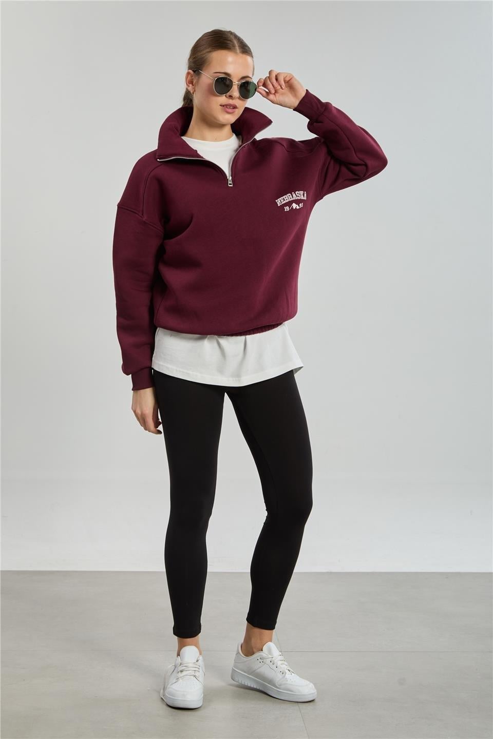 Yarım fermuarlı Nebraska baskılı sweatshirt-DVN0848 - Vişne