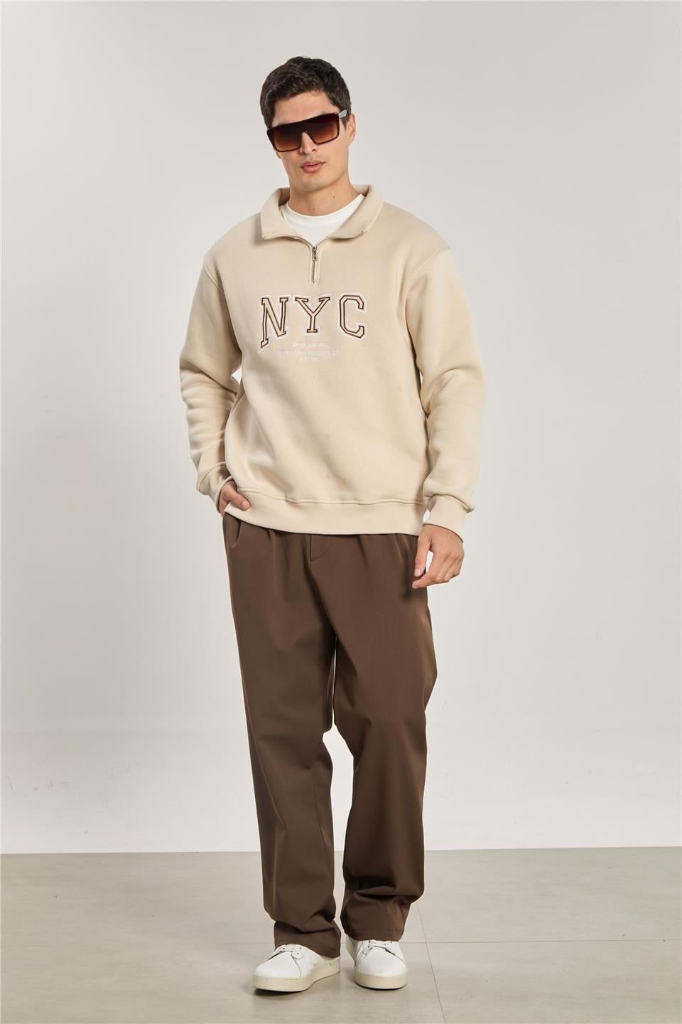 Yarım fermuarlı NYC sweatshirt-1161 - Bej