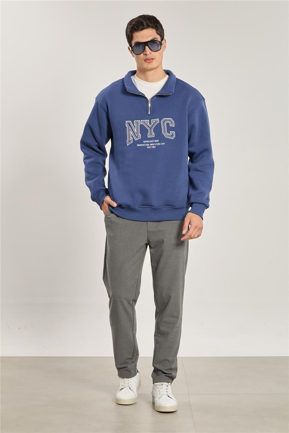 Yarım fermuarlı NYC sweatshirt-1161 - İndigo