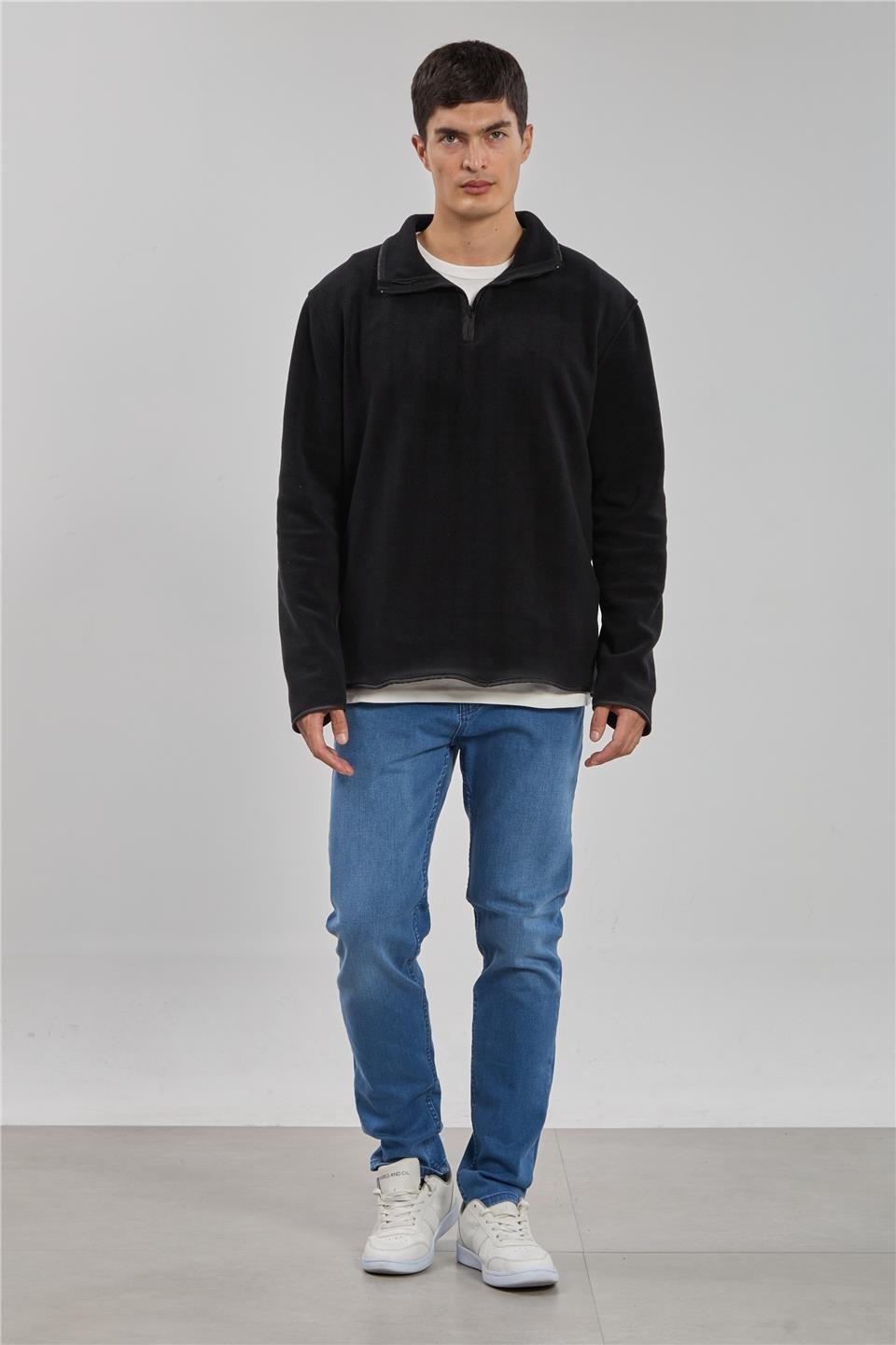 Yarım fermuarlı polar sweatshirt-130 - Siyah