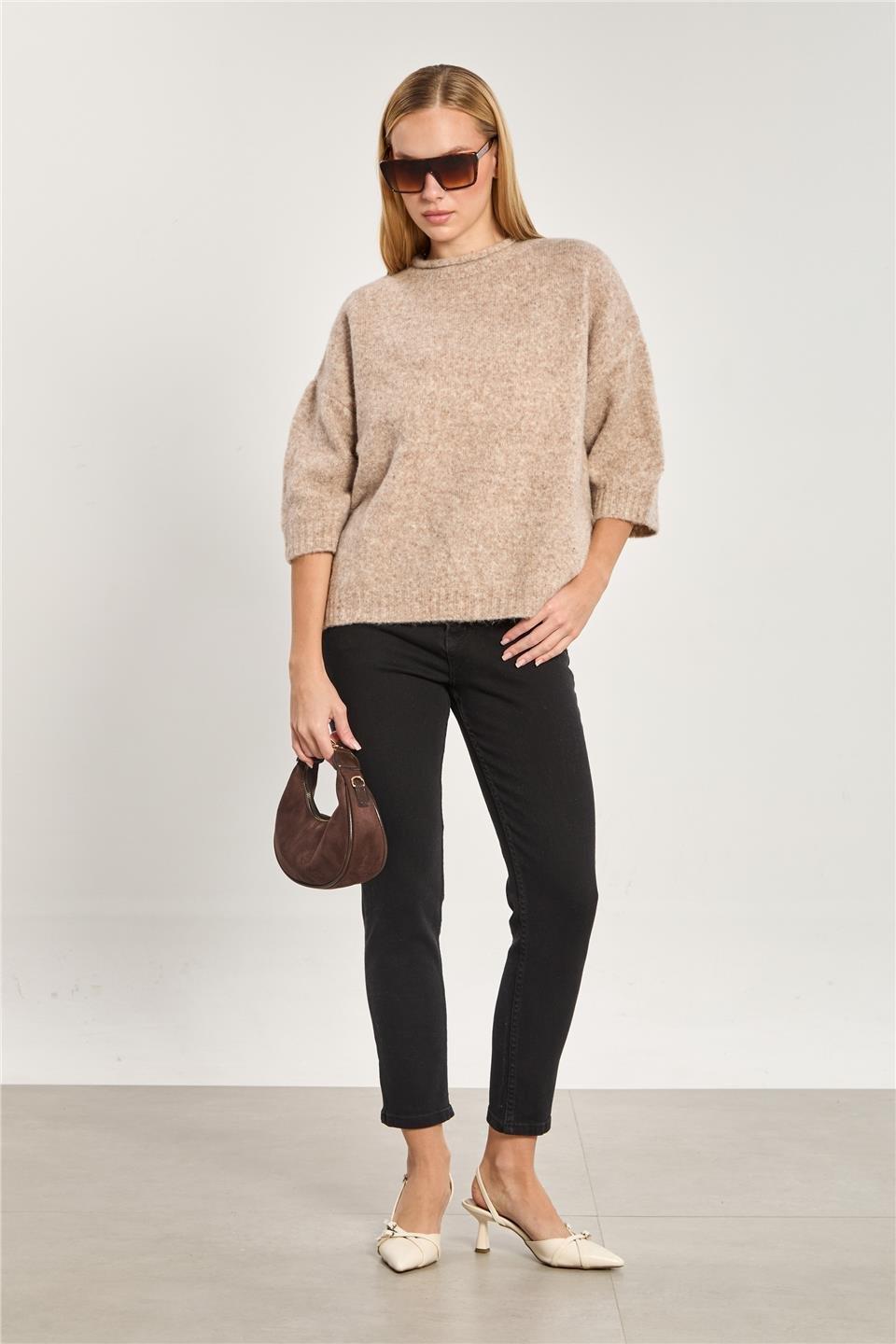 Yarım kol oversize triko kazak-K-166-1 - Vizon