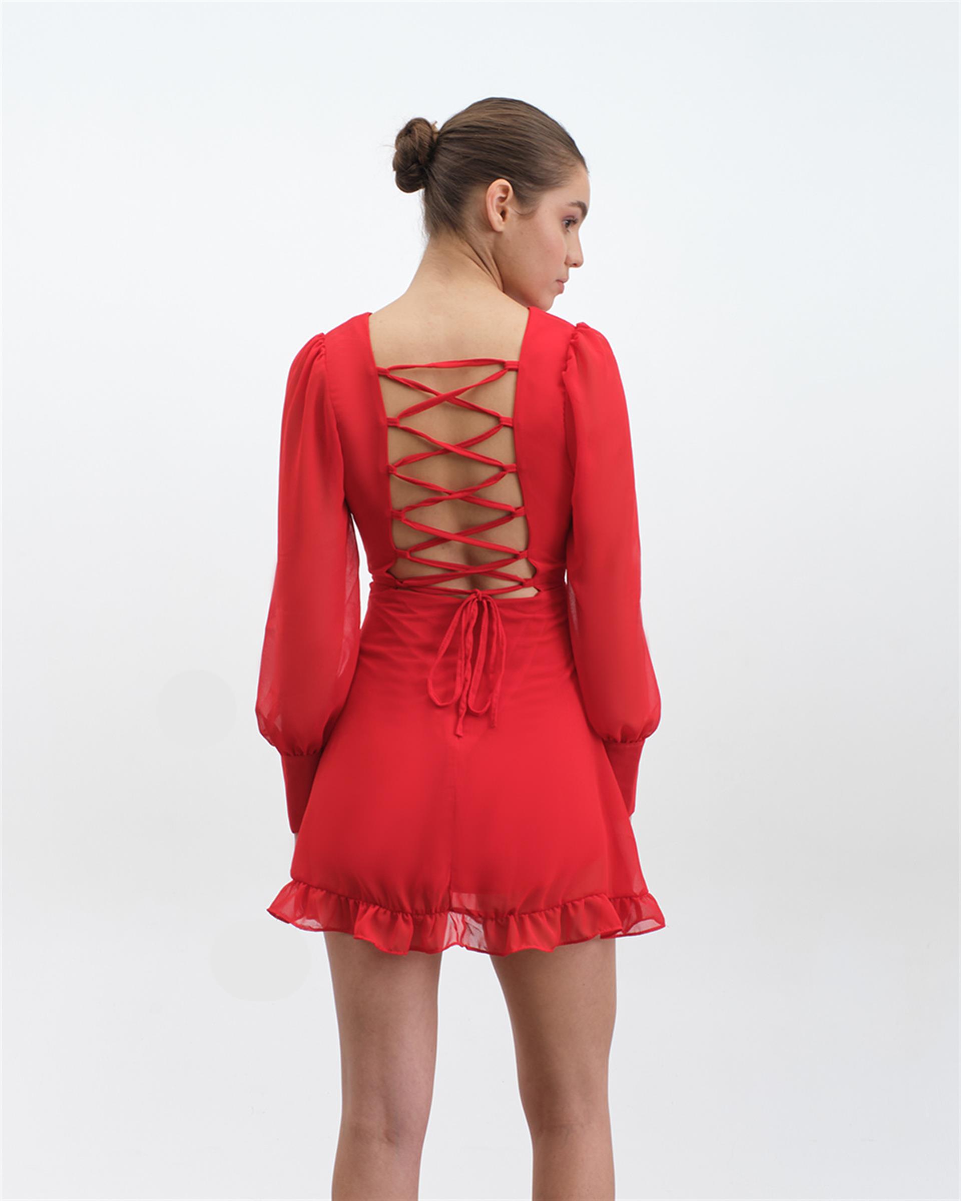 Kırmızı Sırt Dekolteli Mini Elbise