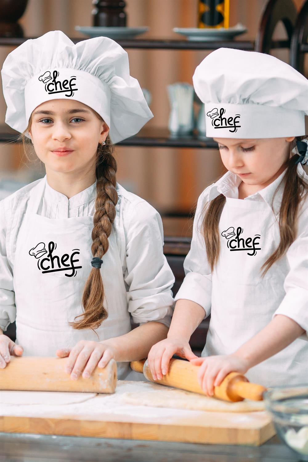 Chef Baskılı Çocuk Beyaz Mutfak Önlüğü Ve Çocuk Aşçı (şef) Şapkası 2'li Set