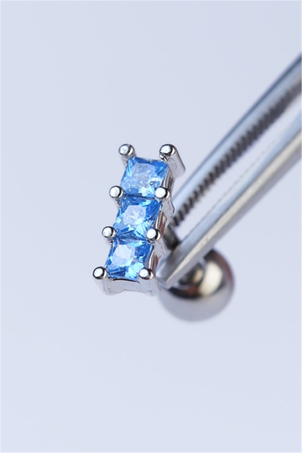 3 Kare Baget Mavi Taş Silver Piercing