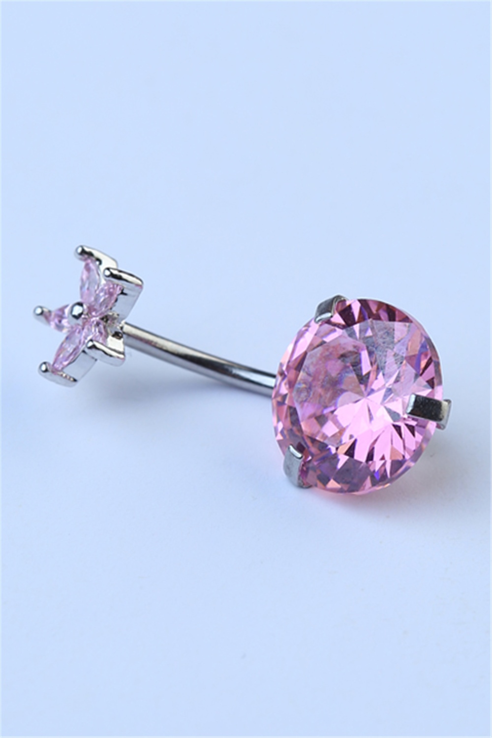 Çiçekli Pembe Taş Göbek Silver Piercing