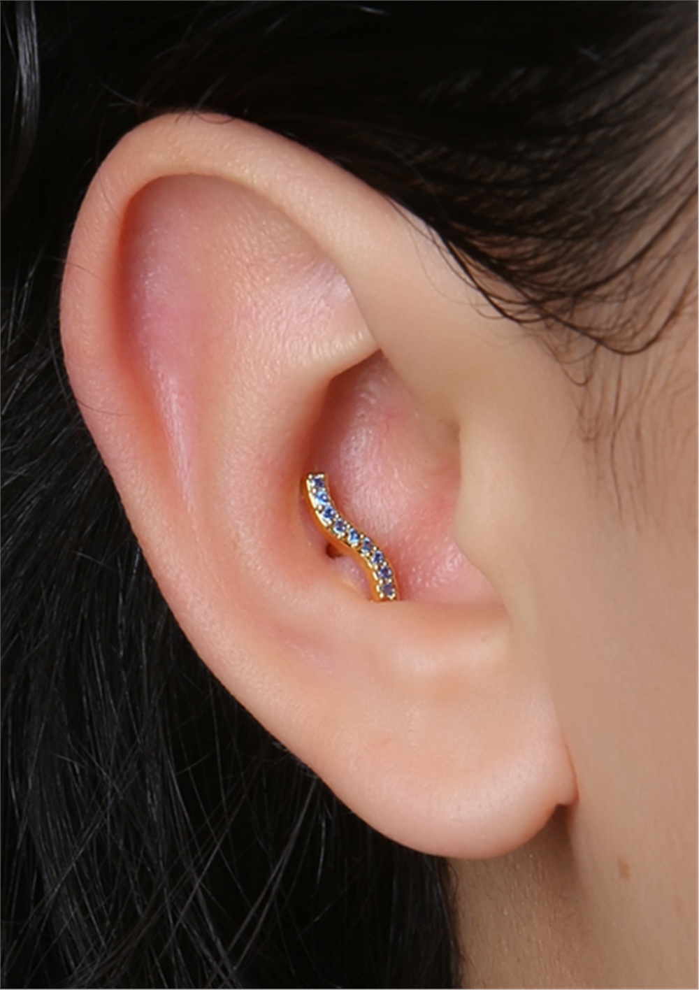 İnce S Mavi Taş Gold Piercing