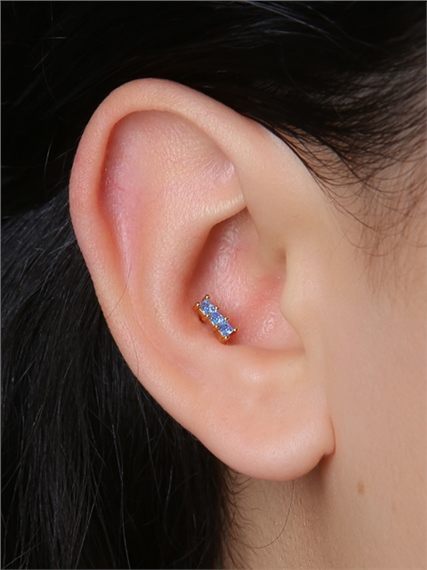 3 Kare Baget Mavi Taş Gold Piercing