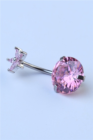 Çiçekli Pembe Taş Göbek Silver Piercing