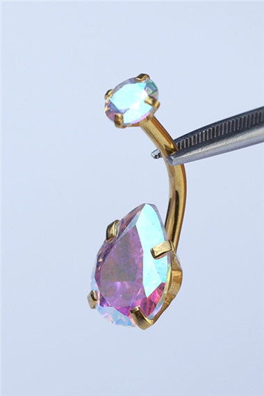 Hologram Damla Taş Büyük Boy Göbek Gold Piercing 