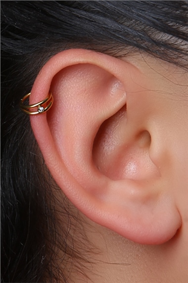 İki Sıra Taşlı Gizli Kilit Halka Gold Piercing