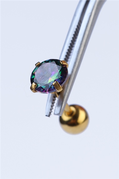 Yuvarlak Taş Koyu Hologram Büyük Boy Gold Piercing