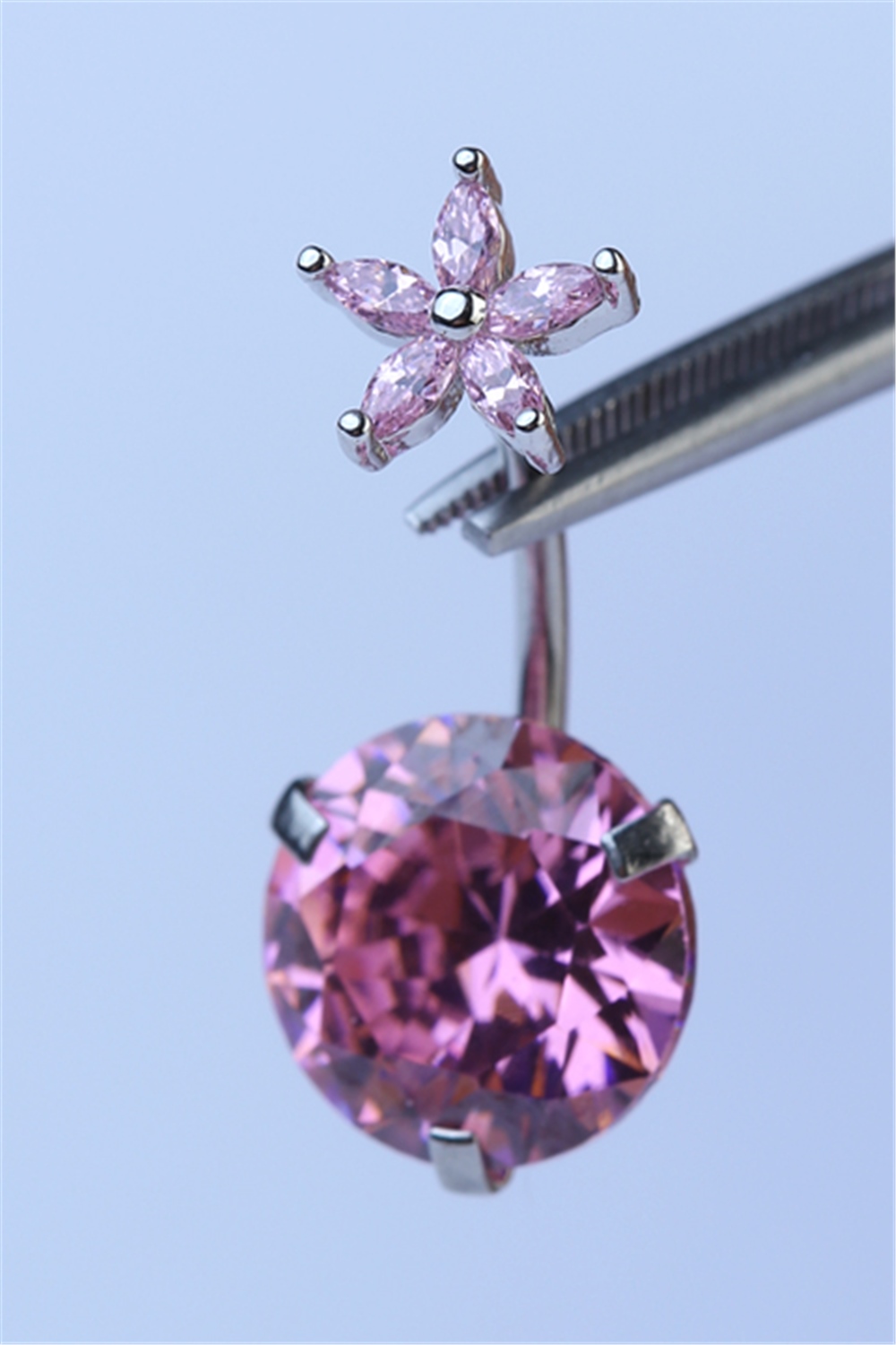 Çiçekli Pembe Taş Göbek Silver Piercing