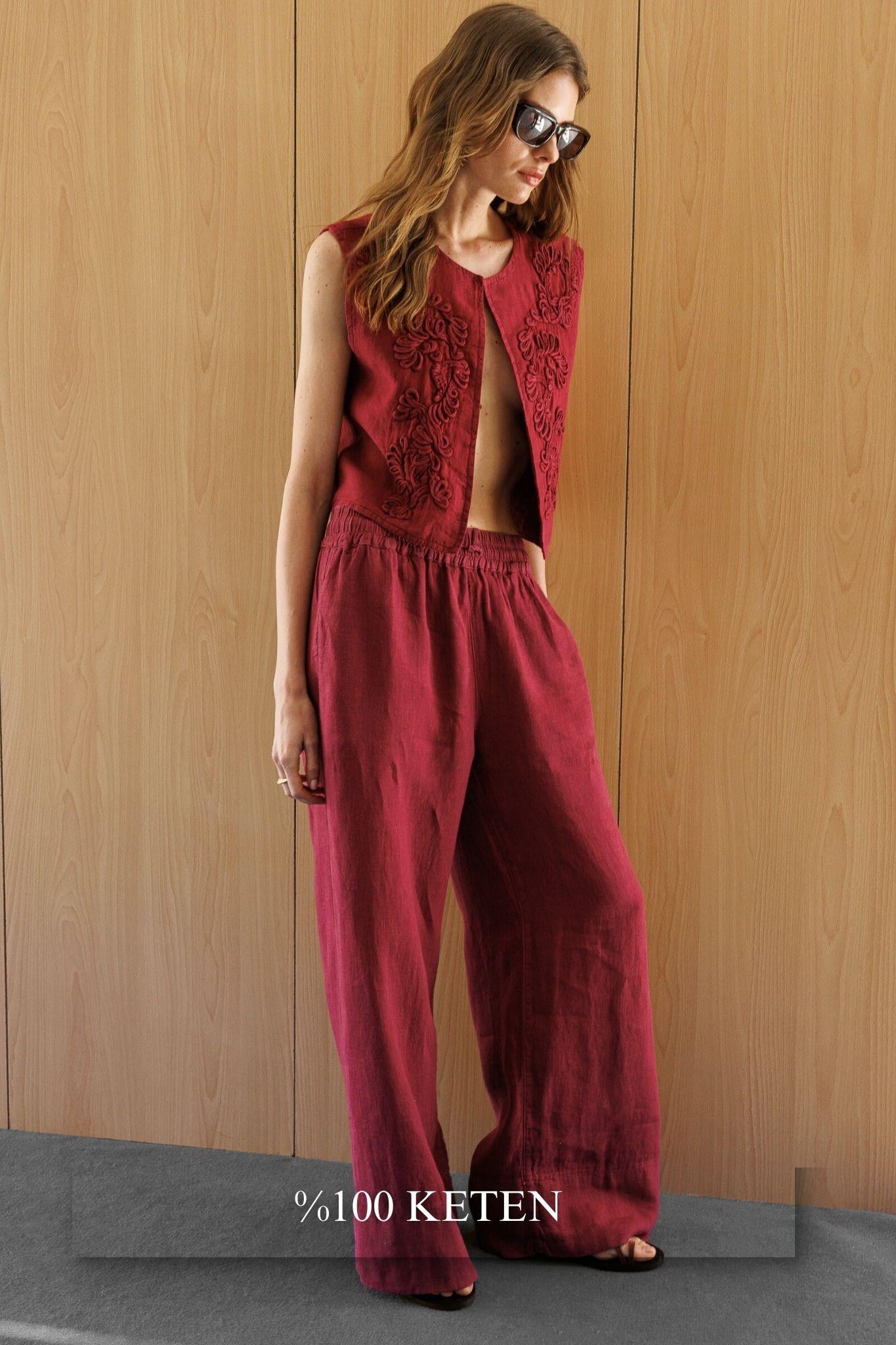 Vişne Bel Lastikli Salaş Kesim %100 Keten Wide Leg Pantolon
