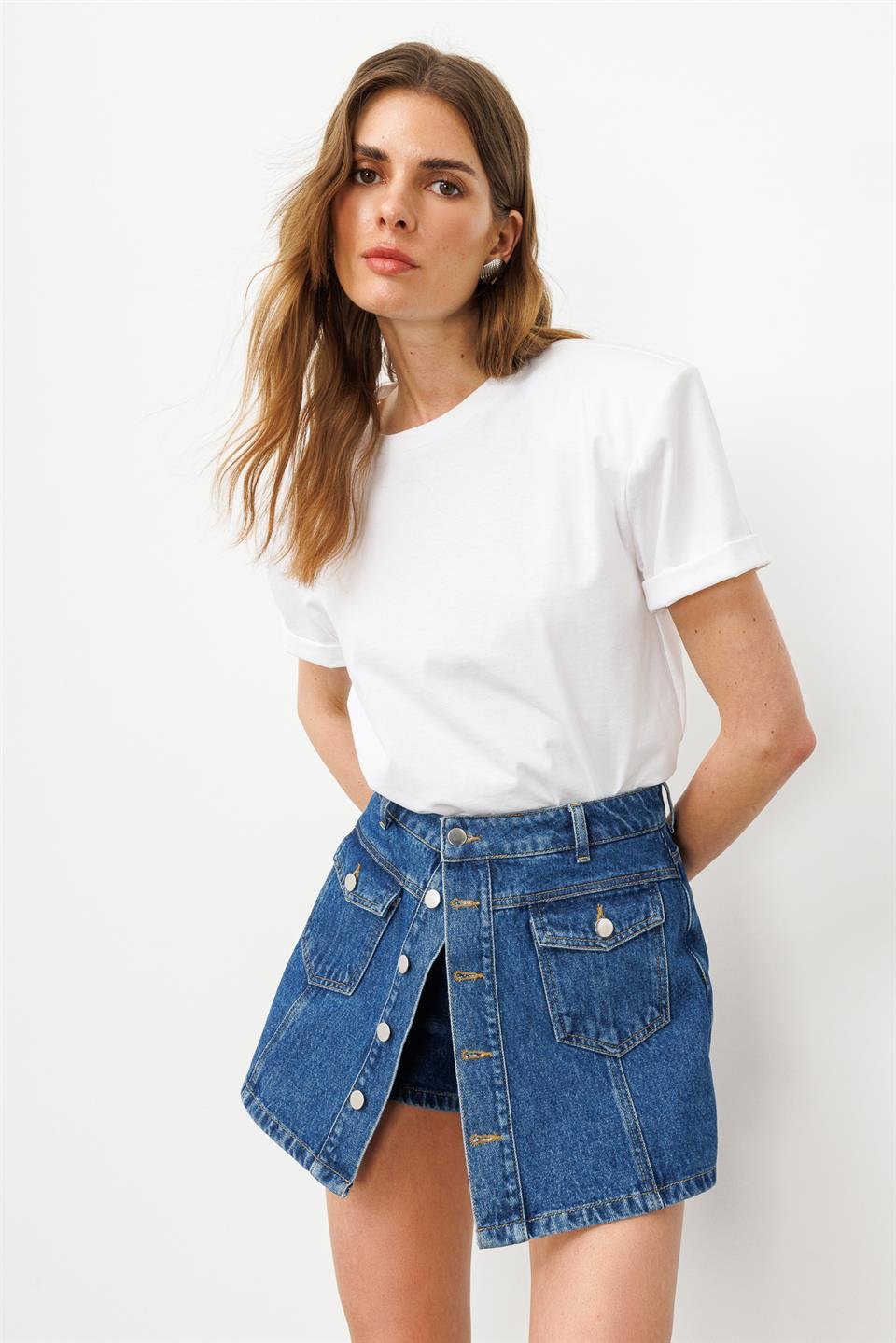 Beyaz Bisiklet Yakalı Vatkalı Pamuk Basic Tshirt