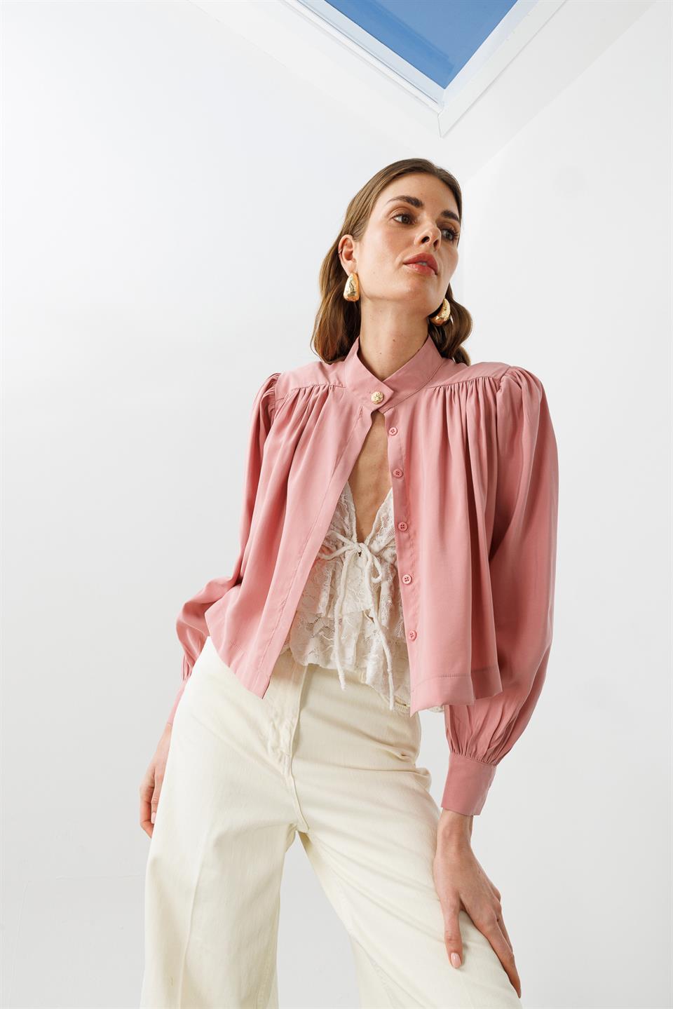 Gül Kurusu Dik Yaka Balon Kollu Crop Gömlek