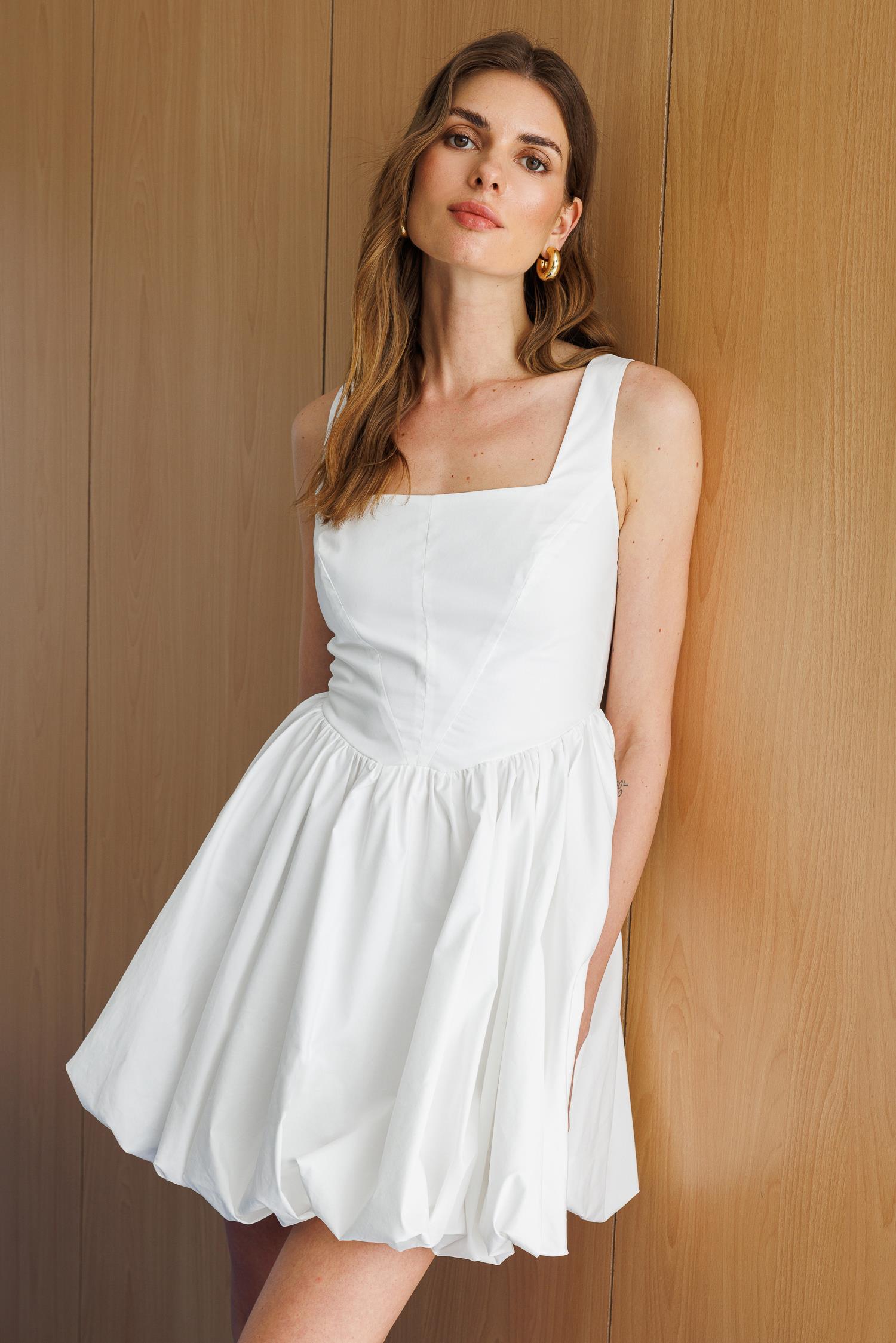 Beyaz Pamuklu, Kare Yakalı Korse Detaylı, Askılı Mini Balon Etekli Elbise