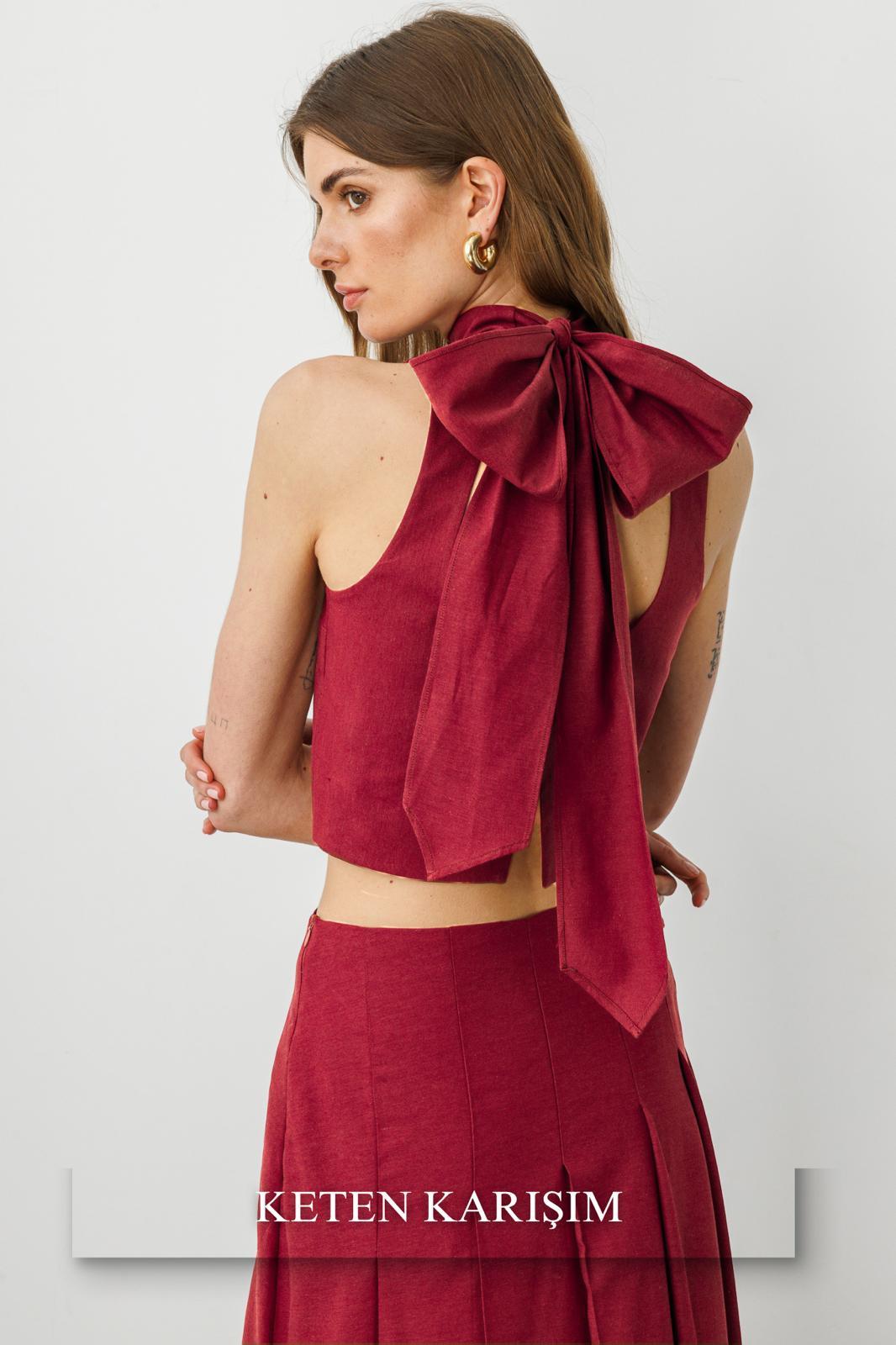Bordo Dik Yakalı Boyundan Bağlamalı Halter Yakalı Keten Bluz