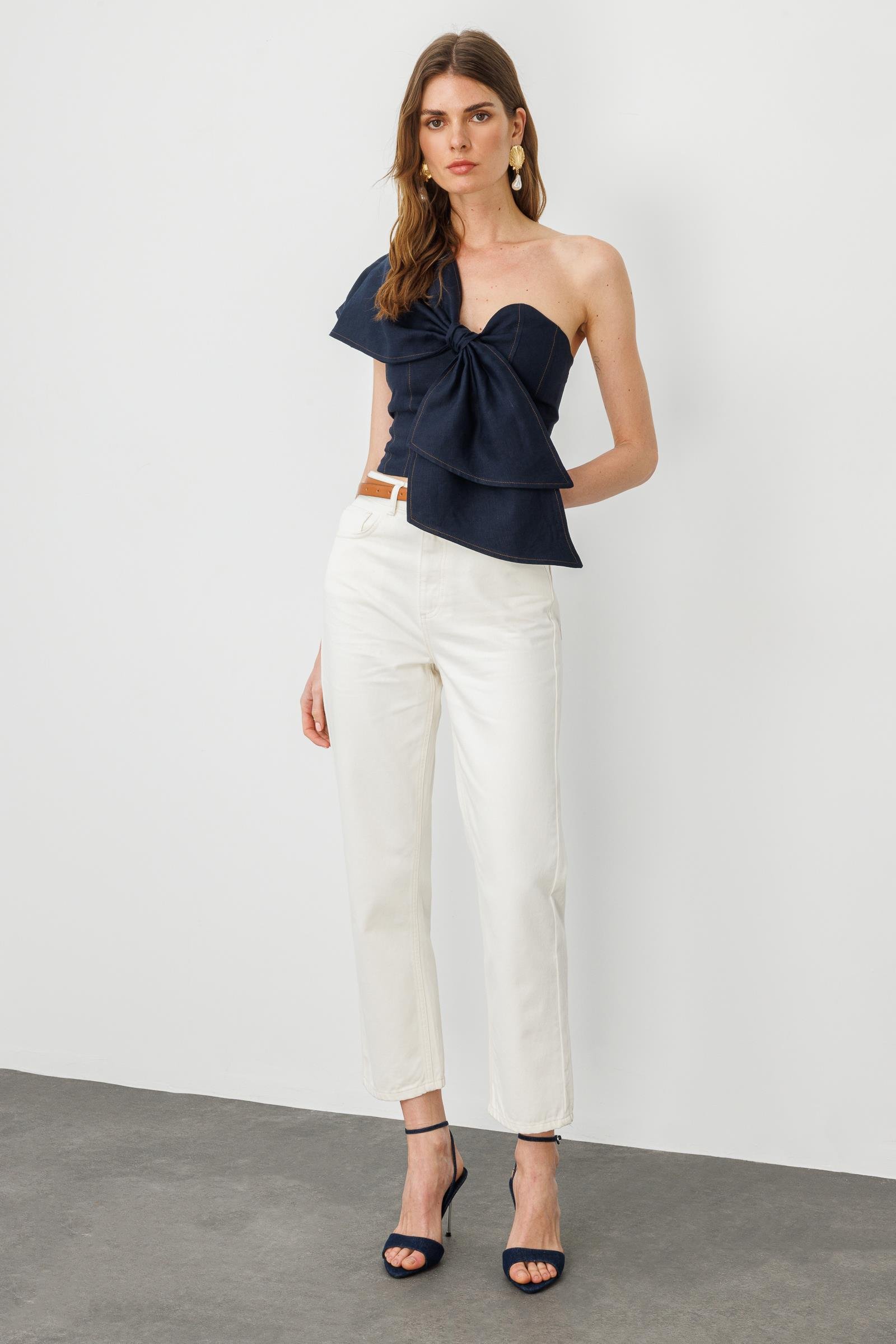 Ekru Yüksek Bel Straight Jean