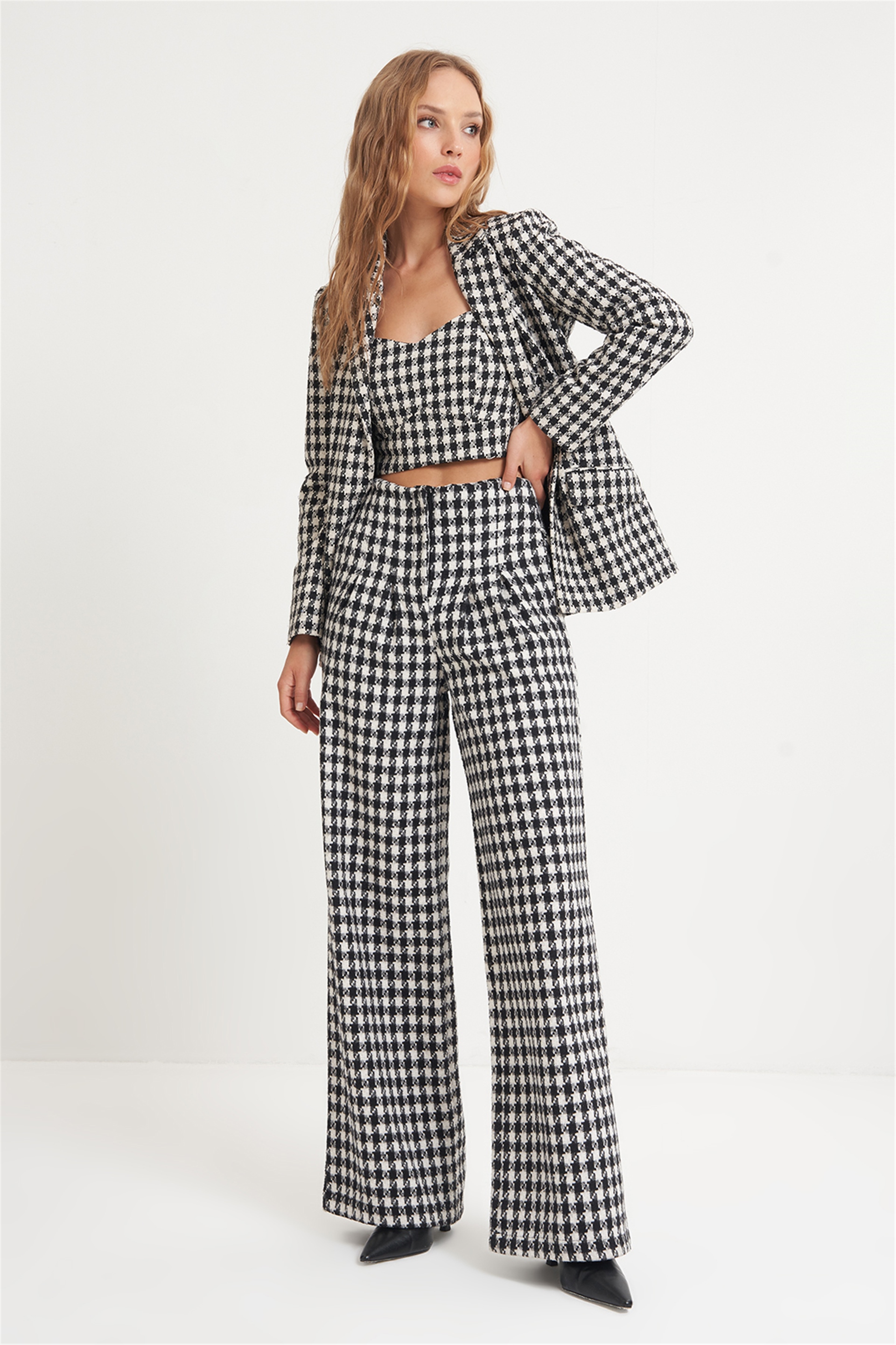 Kazayağı Desenli Yüksek Bel Wide Leg Pantolon 